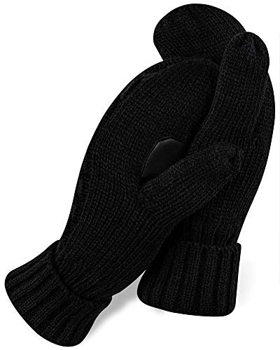 Winter Mittens for Women - Cold Weather Black Chunky Knit Thermal Gloves - Thick Snow Mitts with Warm Fleece Lining - Thumbnail 2