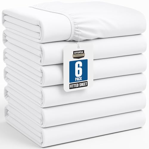 Fitted Sheet (Pack of 6, Full, White) Deep Pocket Brushed Velvety Microfiber, Breathable, Stain & Abrasion Resistant,Hotel Quality Extremely Durable By Utopia Bedding by Utopia Bedding