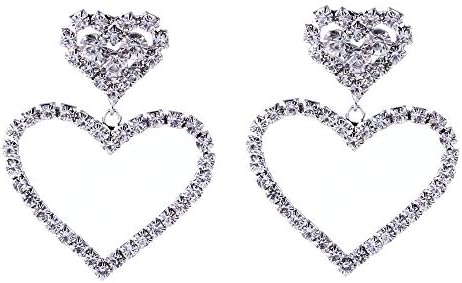Heart Crystal Drop Earrings Hollow Dangle Full Rhinestone Silver Plated Chic Elegant Birthday Gift (Silver)