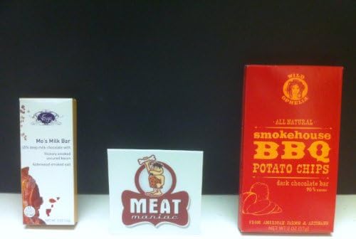 MEAT MANIAC Chocolate Bacon Combo Gift Pack with Sticker- Vosges Mo's Mini Milk Choclate Bacon Bar (.5oz) &amp; Wild Ophelia BBQ Potato Chips Dark Chocolate Bar (2oz)