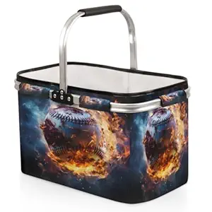 Skonsati Sport Baseball Folding Picnic Basket Large Reusable Shopping Basket Collapsible Grocery Tote Bag with Handle & Aluminum Frame for Picnic Beach Pool Festival