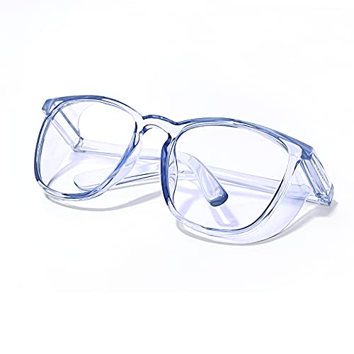 LeonDesigns Safety Goggles Anti-Fog Tactical glasses with Side Shields Clear Safety glasses with Anti-Scratch UV400 protection Lens Goggles Inside Eyeglasses (Square transparent Blue)