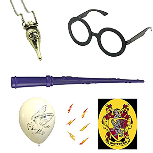 Harry Potter Costume Accessories Party Supplies Bundle for Adult, Kid and Teen Wizards - Liquid Luck Necklace, Round Frame Glasses, Plastic Wand, School Crest, Scar Tattoo, Hedwig Balloon Included