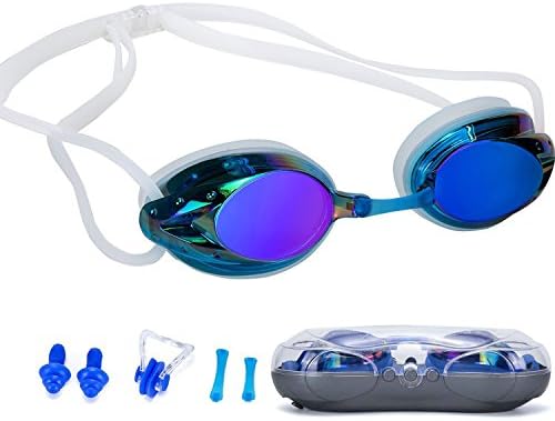 Swim Goggles, FrontSun No Leaking Anti-Fog UV Protection with Ear Plugs, Silicone Nose Clip,Replaceable Nose Bridge and Free Protection Case Comfortable Fit for Adult Men Women Youth Kids (Blue)