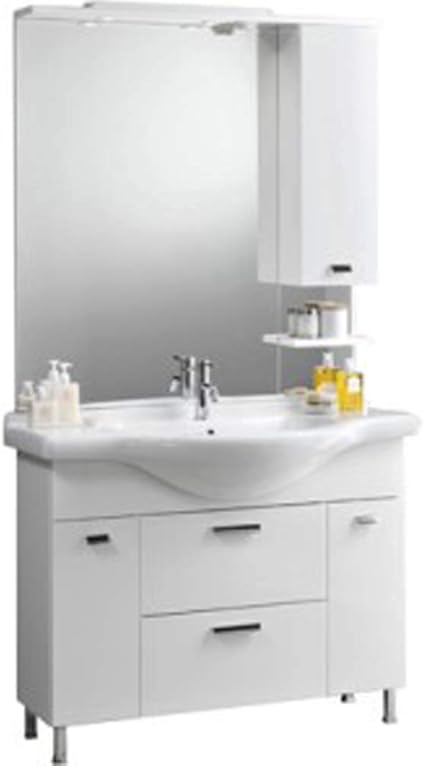 Karine Meuble De Salle De Bain Lavabo Integral Et Miroir 105 Cm Blanc Pin Brosse Amazon Fr Cuisine Maison