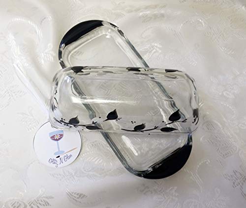 Hand Painted Glass Butter Dish With Black and White Floral Vine Pattern