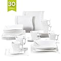 Malacasa 30 Piece Porcelain Dinnerware Set Service for 6, Square Plate Sets White Dinner Plates Soup Plates Dessert Plates Cups Saucers, Series Flora