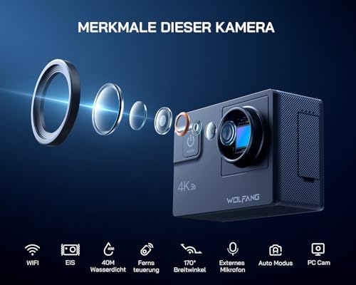 Action Cam,WiFi 4K 60 FPS Neue GA300 Actionkamera,8xZoom 24MP,Unterwasserkamera 40 Meter mi,Dual-Mikrofonen,170° Weitwinkel Verbesserter,EIS 2.4 G Fernbedienung,2 x 1350 mAh Akkus,Touchscreen