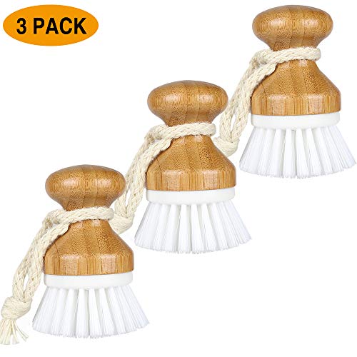 Dish Brush with Durable Bristles Bamboo Grip for Dishes Pot Pan Kitchen Sink Vegetable Cleaning, 3 Pcs