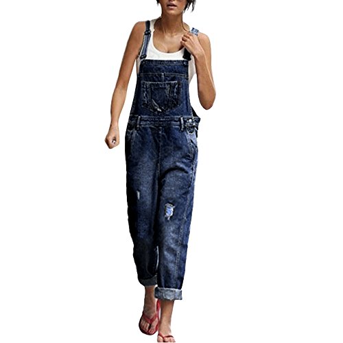 Clearance! Women's Classic Denim Bib Strap Ripped Distressed Pocket Overall Loose Pant Jeans Jumpsuits (Blue, L)