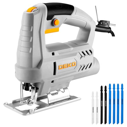 Electric Jigsaw: DEKOPRO 400W Wood Saw Jigsaw Reciprocating Jigsaws, 6 Variable Speeds 0-3000 SPM, ±45° Inclined Cut with 8 Blades for Wood, Metal and Plastic