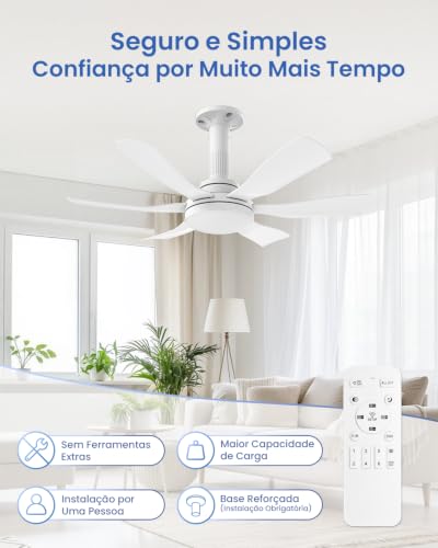 Ventilador de Teto com Luz 28", Instalação Fácil, Fluxo de Ar Potente, Motor DC Reversível, 6 Velocidades e Controle Remoto