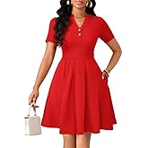 MarryUP Womens Short Sleeve V Neck Casual Semi-Formal Dress Wedding Guest Cocktail Dresses with Pockets