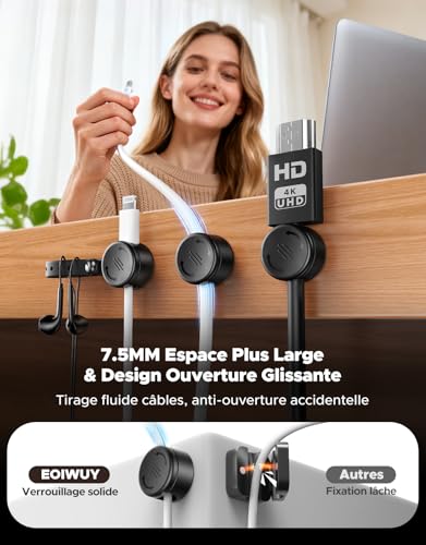 8 Pièces Range Cable et Silicone Attache Cable [2 en 1], Magnétiques Adhesif Clips Accroche Câble [Réglage Fluide & Verrouillage 1s], Organisateur de Cable pour Bureau, Table Nuit, Câble Charge
