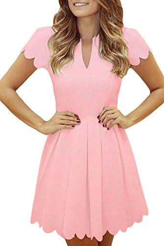 Mayier Women Cute V Neck Sweet Scallop Pleated Skater Dress,Medium,Pink