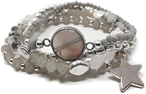 JADE POP - Women's Multicolored Beaded Stretch Stackable Chain Bracelet Set with Charm - Light Grey