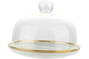TOPPERFUN 6-inch White Rim Glass Dome Cake Stand, Dessert Protective Cover Food Cover, Covered Cupcake Holder