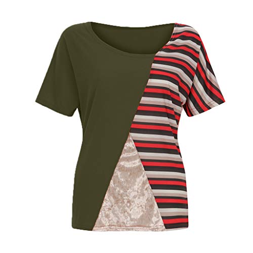 Duseedik Women's Summer Tops Color Matching T-Shirt O-Neck Casual Short Sleeved Patchwork Striped T-Shirt Tunic Army Green - Thumbnail 2