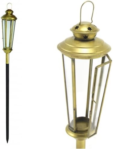 Country Collection Tealight Votive Candle Torch Lantern Lamp on Stake, Metal Glass, Antique Brass, 33-inch, Set of 2
