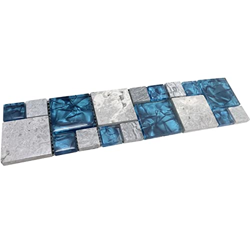 Hominter Tile Sample Gray Marble Backsplash Wall Tiles, Teal Blue Glass