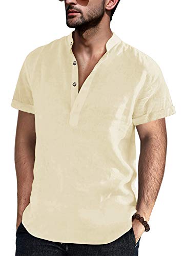 Runcati Mens Shirt Henley Shirts Summer Short Sleeve Casual Shirt No Stand Collar Business Shirts