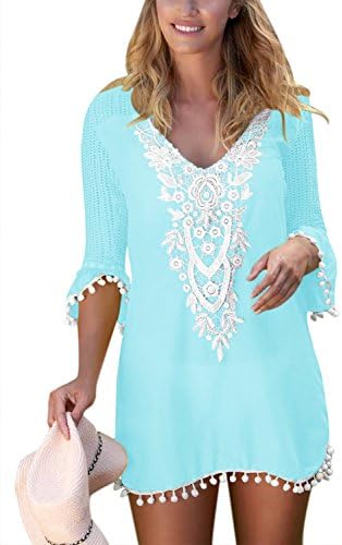 Actloe 2020 Women's Crochet Pom Pom Trim Beach Tunic Swimsuit Cover Up Dress