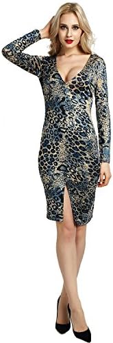 YIJIN Women's Long Sleeve Sexy V Neck Bodycon Leopard Printed Pencil Party Club Night Dresses (M, Blue)