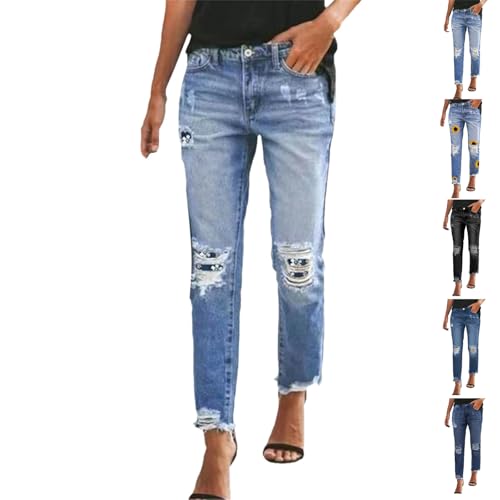Jeans for Women UK, Womens Jeans, Ripped Ladies Trousers Cropped Slim Fit High Waisted Stretch Pull On Straight Leg Denim Pants