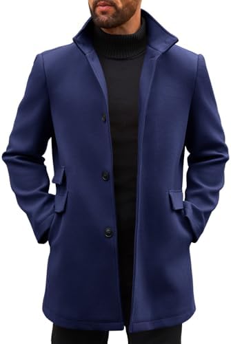ZYXTIM Men's Wool Blend Pea Coat Notched Collar Single Breasted