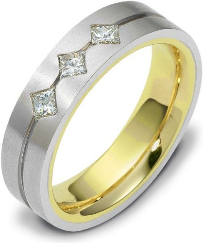 Unique 3 Diamond 18 Karat Two-Tone Gold Wedding Band Ring