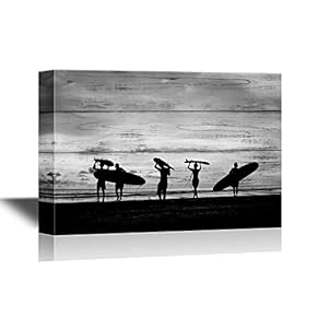 Water Entertainment Canvas Wall Art - Silhouette of Surfer People Carrying Their Surfboard on Sunset Beach - Gallery Wrap Modern Home Art | Ready to Hang - 12x18 inches