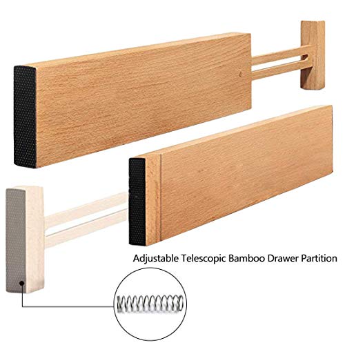Hossejoy 4 Pack Bamboo Drawer Divider, Kitchen Drawer Organizer Spring Adjustable & Expendable Drawer Dividers - Best dividers for Kitchen, Dresser, Bedroom, Baby Drawer, Bathroom, Desk