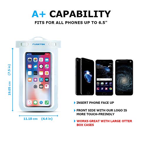 Fugetek Universal Waterproof Cell Phone Case Pouch, IPX8, Dry Bag for iPhone 6, 7, 8, X, and Android Samsung Galaxy, Pixel, HTC Smartphones, White, (2 Pack)