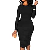 BEAGIMEG Women's Ruched Long Sleeve Elegant Bodycon Basic Casual Midi Dress