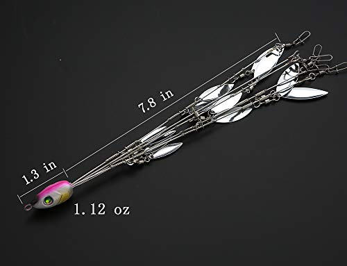 Ilure 5 Arms Alabama Umbrella Rig Fishing Ultralight Tripod Bass Lures Bait Kit Junior Ultralight Willow Blade Multi-Lure Rig (12 Blade Pink)