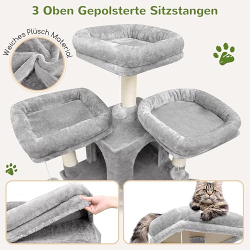 Globlazer Scratching Post Large High 204 cm with 3 Padded Perches, 2 Cat House, 2 Baskets, Hammock, Luxury Cat Tree, Stable for 3-5 Adults, Cat, Rest, Play, Scratching Indoor (F80, Light Grey)