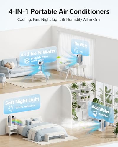 Aiorber Portable Mini Air Conditioner: Water Cooling Fan, 2000ml Tank, 120° Oscillation, 4 Speeds, LED, Timer + Remote Control, No Drain Tube for Home/Office