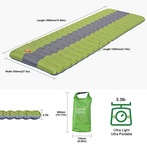 YSXHW Self Inflating Camping Pads Thick 4.7 Inch Lightweight Camping Sleeping Pad Ultralight,Compact,Waterproof PVC Inflatable Mat for Tent, Hiking and Backpacking - Green Built in Pump