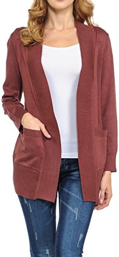 KB Apparel Women's Classic Casual Solid Open Front Sweater Knit Cardigan Red Bean 2XL