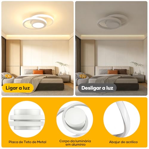 Trailabo Luminária LED de Teto, Luminária Redonda + Duas Fitas de Luz Circulares, Iluminação Ajustável em Três Cores, para Sala e Quarto, 3000-6000K (Branco) (Branco)