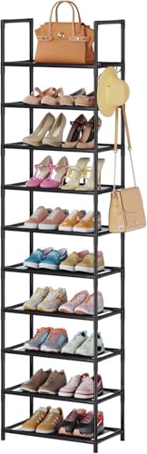 Last page® Shoe Rack 10-Tier Metal Narrow Shoe Organizer 20 Pairs Tall Shoe Storage Rack with Hook, Vertical Shoe and Boots Organizer, Shoe Shelf Organizer for Entryway Closet Hallway Black