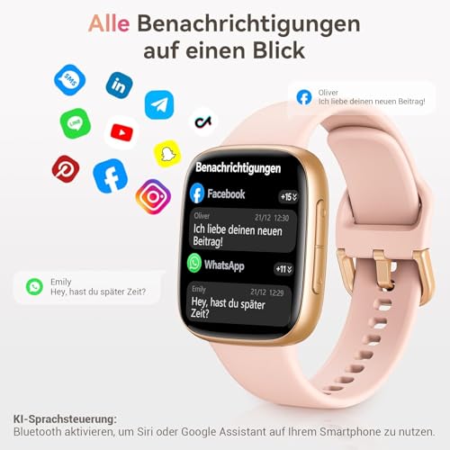 Smartwatch Women Men, 1.85 Inch AMOLED Touch Screen, Fitness Tracker with Bluetooth Calls & AI, Heart Rate, SpO2, Sleep & Women's Cycle Tracking, 100+ Sports Modes, 3ATM Waterproof for iOS & Android