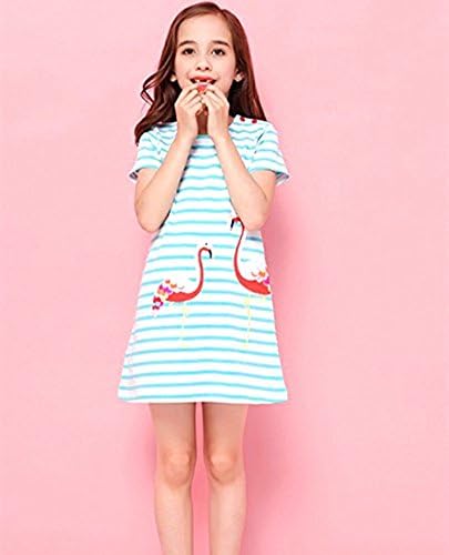 Toddler Girls Dress Summer Stripe Cotton Short Sleeve Flamingo Pattern Cartoon Casual Dresses