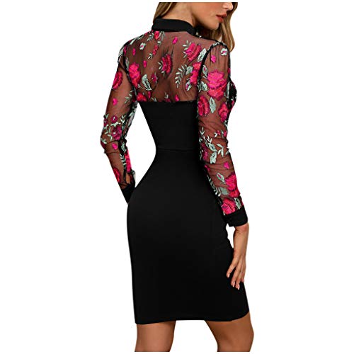 Your New Look Damen Netzkleid Patchwork Blumenstickerei Bodycon Kleid Sexy Revers Front Schlüsselloch Floral Mini… – Bild 8