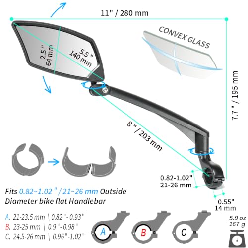 BriskMore Handlebar Bike Mirror - Crystal Clear HD Glass, 360° Adjustable&Foldable Mirror for Safe Riding, Wide Angle Rearview for E-Bikes, Mountain Bikes & Scooters,Bicycle Mirror
