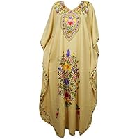 Mogul Interior Womens Kaftan Long Dress Yellow Embroidered Coverup Caftan OneSize