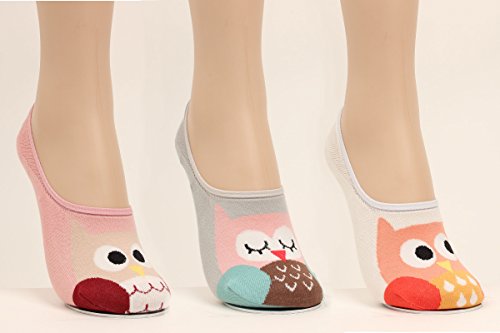 WOWFOOT Women Animal Design No-Show Casual Liner Socks Character Print Non Slip Flat Boat 4 Pair (5pair-owl) - Thumbnail 5