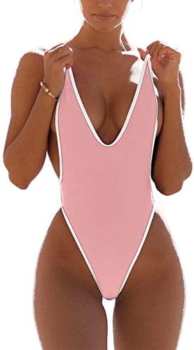 JBENG Women Monokini Retro Thong One Piece Swimsuit Deep V High Cut Sexy Cheeky Swimwear Semi Thong Bikini
