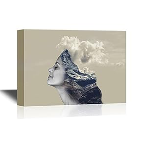 Canvas Wall Art - Double Exposure of The Profile View of a Woman and Mountains - Gallery Wrap Modern Home Art | Ready to Hang - 12x18 inches