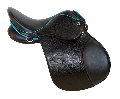Equitem 15″ All Purpose AP Leather English Saddle with Color Trim (Black with Teal)